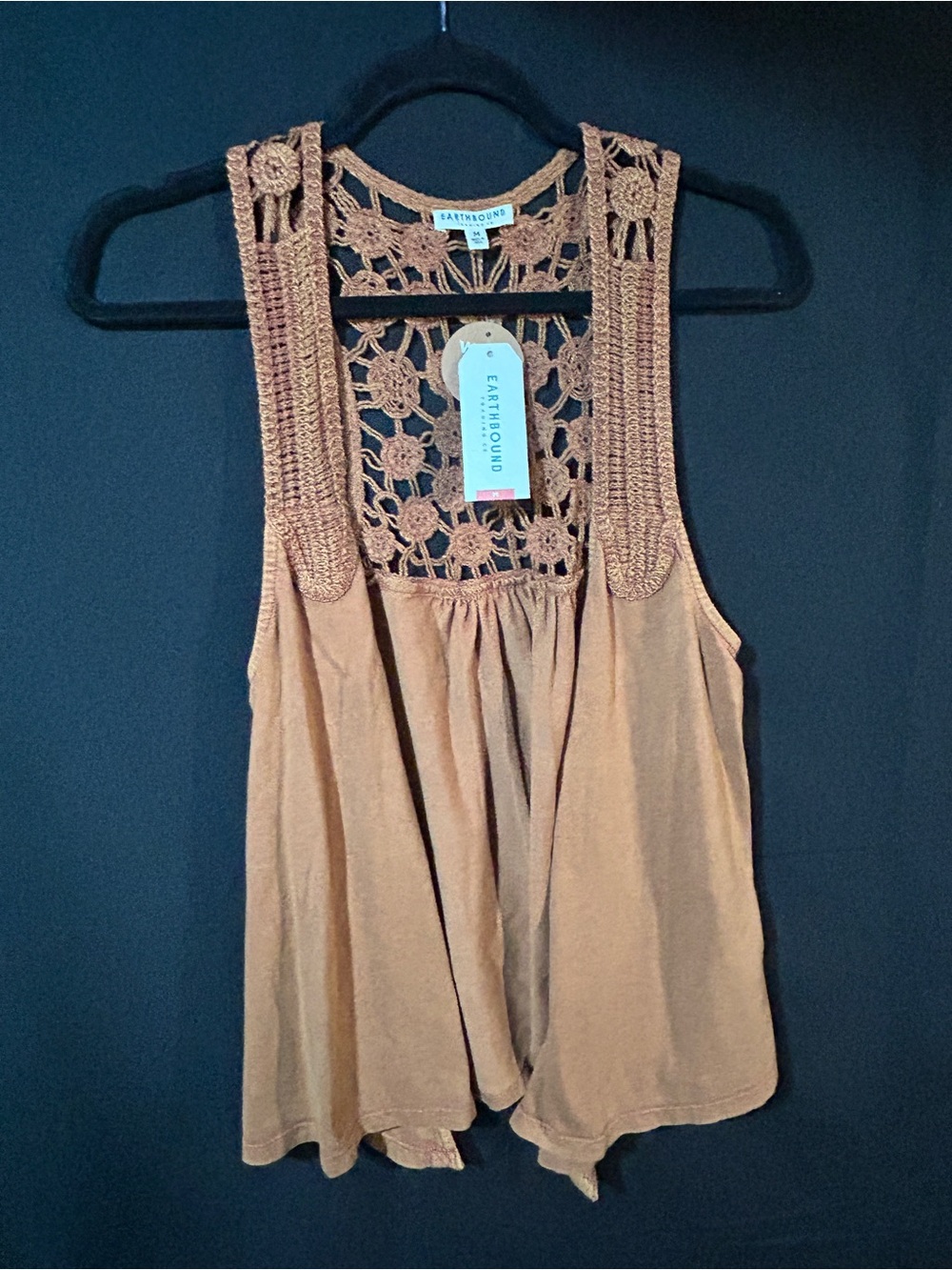 Earthbound Crochet Detail Camel Flowy Vest NWT